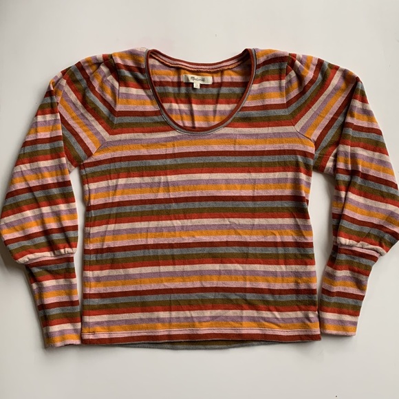 MADEWELL Striped Puff Sleeve Striped Scoopneck Sweater Top XS - Picture 4 of 12